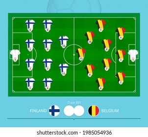 Football match Finland versus Belgium, teams preferred lineup system on football field. Vector illustration.