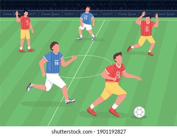 Ilustración vectorial de color plano que coincide con el fútbol. Adelante corriendo hacia el lado enemigo. Futbolistas del equipo de fútbol profesional personajes de caricaturas en 2D con un enorme estadio lleno de hinchas gritando sobre el fondo