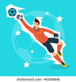 Football Match Goalkeeper Protecting Gates Flat Vector Illustration