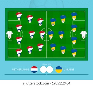 Football match Netherlands versus Ukraine, teams preferred lineup system on football field. Vector illustration.