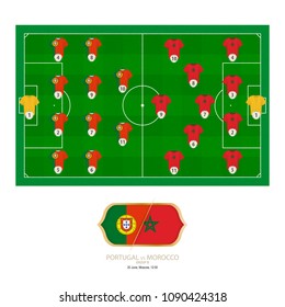 Football match Portugal versus Morocco. Portugal preferred system lineup 4-4-2, Morocco preferred system lineup 4-5-1.