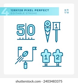 Football match preparation linear icons set. Goal post. 50 yard line. First down marker. American football sled. RGB color. Website icons set. Simple design element. Contour drawing. Line illustration