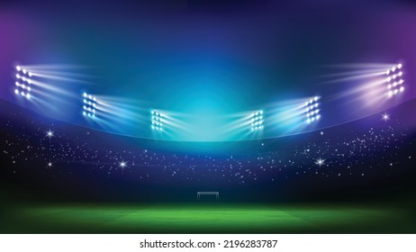 Football match program template on Soccer stadium green grass field with spotlight at night time background vector illustration