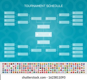 Football match schedule. Tournament chart for groups and teams. Football cup final round with all national flags of the world. Vector illustration.