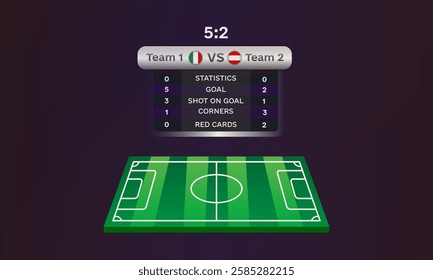 Football match scoreboard with team statistics and green soccer field illustration on dark background. Digital sports scoreboard template for design and print