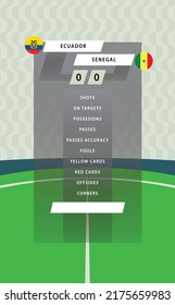 Football match statistic board with flat green field background. Ecuador vs Senegal. 