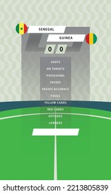 Football match statistic board with flat green field background. Senegal vs Guinea.