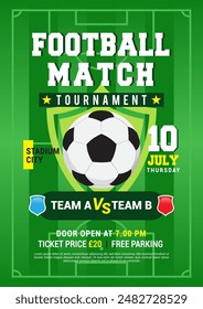 Football Match tournament template poster design vector illustration. Ball on soccer pitch