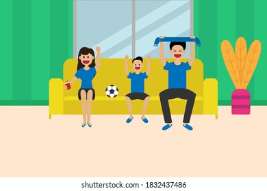 Football match vector concept: Little boy and young parents watching football match on television 