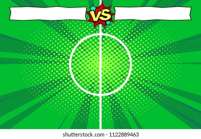 Football match versus teams intro sport background, championship competition final poster, cartoon comic book style illustration, halftone pattern texture