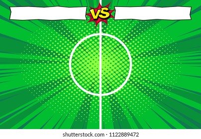 Football match versus teams intro sport background, championship competition final poster, cartoon comic book style illustration, halftone pattern texture