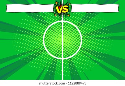 Football match versus teams intro sport background, championship competition final poster, cartoon comic book style illustration, halftone pattern texture