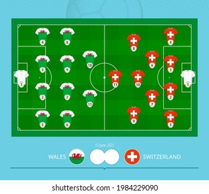 Football match Wales versus Switzerland, teams preferred lineup system on football field. Vector illustration.