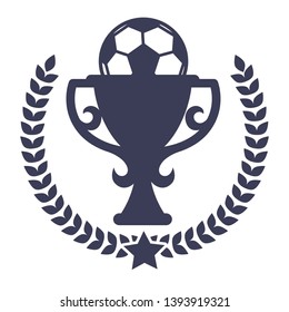 Football match win prize isolated icon soccer tournament vector trophy cup ball and laurel wreath sport competition or championship award or reward emblem or logo heraldry sporting equipment