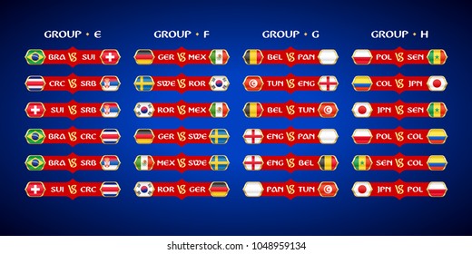 Football matches between teams of football championship in Russia 2018, flags and abbreviations, vector illustration