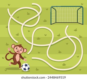 Concepto de laberinto de fútbol. Mono patear pelota de fútbol. Juego intelectual para niños. Rompecabezas y acertijos, laberinto. Educación y desarrollo de habilidades para los niños. Ilustración vectorial plana de dibujos animados