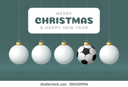 Football Merry Christmas and Happy New Year Sport greeting card. Soccer Football ball as a Christmas ball on color background. Vector illustration.