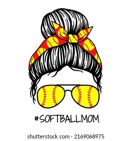 Football Messy Bun Mom life.  Women face with aviator glasses, bandana. Vector illustration.  Isolated on white background. Good for posters, t shirts, postcards.