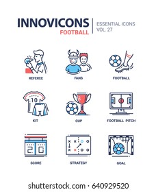 Football - modern color vector single line icons set. Referee, fan, ball, foot, kit, shirt, shorts, uniform, number, ten, trophy, monitor, game, plan, play, score, strategy, goal