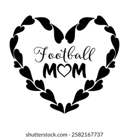 Football Mom phrase vector graphics with stylized lettering and a heart accent, symbolizing mothers love and support. For custom apparel, decals, and merchandise celebrating supportive proud moms