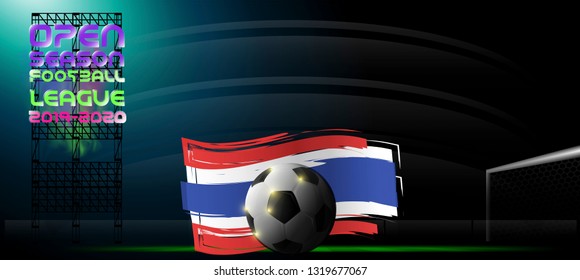 Football- National flag Thailand - Grass  football field - Open season Football League  2019-2020 Text.