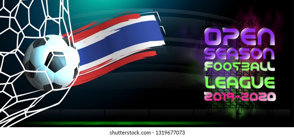 Football- National flag Thailand - Grass  football field - Open season Football League  2019-2020 Text.