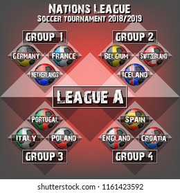 Football Nations league groups. Soccer tournament league A. Set of different flags country. Vector illustration