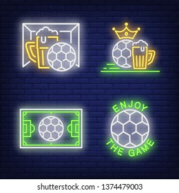 Football neon sign set. Beer mug, soccer ball, field. Colorful billboard, bright banner. Vector illustration in neon style for match, online broadcasting, championship, pub