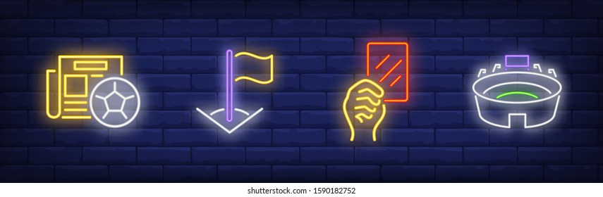 Football neon signs set. Ball, stadium, red card, field. Vector illustration in neon style, bright banner for topics like sport, match, championship