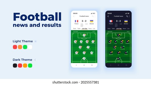 Football news and results cartoon smartphone interface vector templates set. Mobile app screen page day and dark mode design. Live match scores UI for application. Phone display