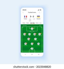 Noticias de fútbol y resultados plantilla de vector de interfaz de smartphone. Diseño de páginas de aplicaciones móviles. Pantalla oficial de realce de partidos. Objetivos y asistencia previstos. IU plana para la aplicación. Pantalla de teléfono