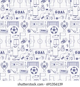 Football objects doodle seamless pattern. Sport outline wallpaper, soccer wrapping on squared paper.