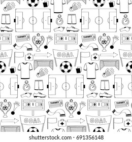 Football objects doodle seamless pattern. Sport outline wallpaper, soccer coloring page.