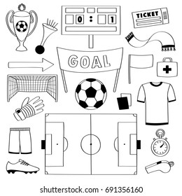 Football objects doodle set. Sport outline elements, soccer coloring page.