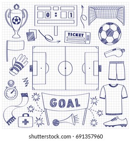 Football objects doodle set. Sport outline elements, soccer sketch on squared paper.