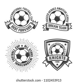 Football old school logo template with classic soccer ball and heraldic elements. Monochrome retro style.