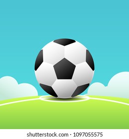 Football on grass and line with sky background vector illustration.Football tournament, Soccer with green field.
