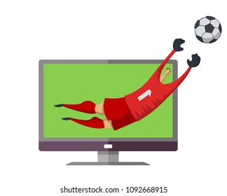 Football on TV. Goalkeeper jumping out of TV screen to catch the ball. Concept flat vector illustration. Isolated on white background.