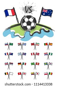 Football on the world with set of national soccer team flags for edit this image . Sport match concept . Watercolor art child painting flat design . Vector for international world tournament cup 2018 