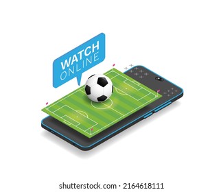 Football online. A soccer ball and an isometric football field are on a smartphone. Football matches translation online. Vector illustration.