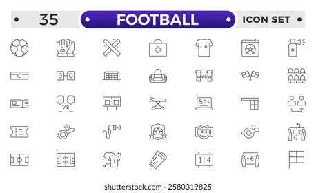 Football outline icon set. Soccer. Kicking a ball, team, rule, goal, players, medal, football, basketball, cycling, athlete, racket, table tennis, sparing, gym, weight training, golf, volleyball.
