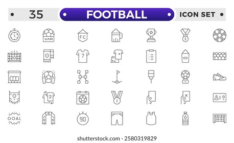 Football outline icon set. Soccer. Kicking a ball, team, rule, goal, players, medal, football, basketball, cycling, athlete, racket, table tennis, sparing, gym, weight training, golf, volleyball.
