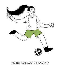 Football outline illustration. Soccer player with ball. Character for sports standings, web, postcard, mascot, sport school. Healthy lifestyle background. Vector line illustration.