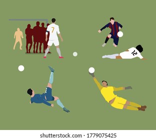 football pack vector flat style. free kick, dribble, bicycle kick, and a goalkeeper save.