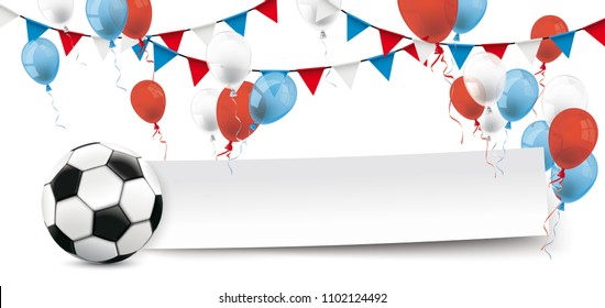 Football with paper banner, buntings and balloons in russian national colors. Eps 10 vector file.