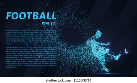 Football of the particles carries in the wind. Silhouette of a football player from circles.