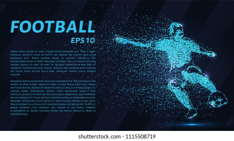 Football of the particles carries in the wind. Silhouette of a football player from circles.