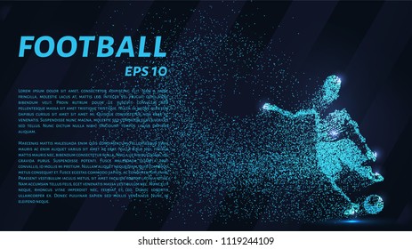 Football of the particles carries in the wind. Silhouette of a football player from circles.