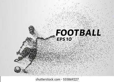 Football of the particles carries in the wind. Silhouette of a football player from circles