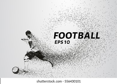 Football of the particles carries in the wind. Silhouette of a football player from circles
